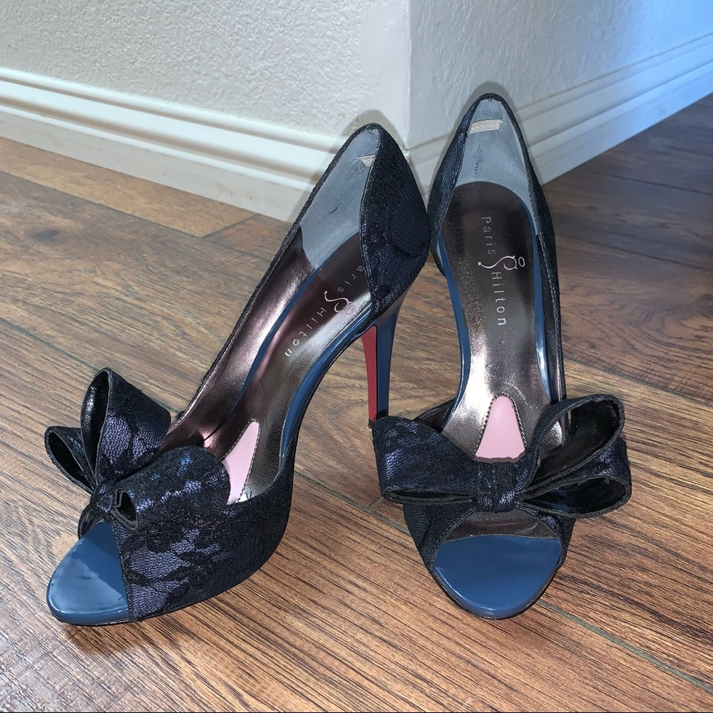 Black Lace and Blue Peep Toe Pumps with Bow